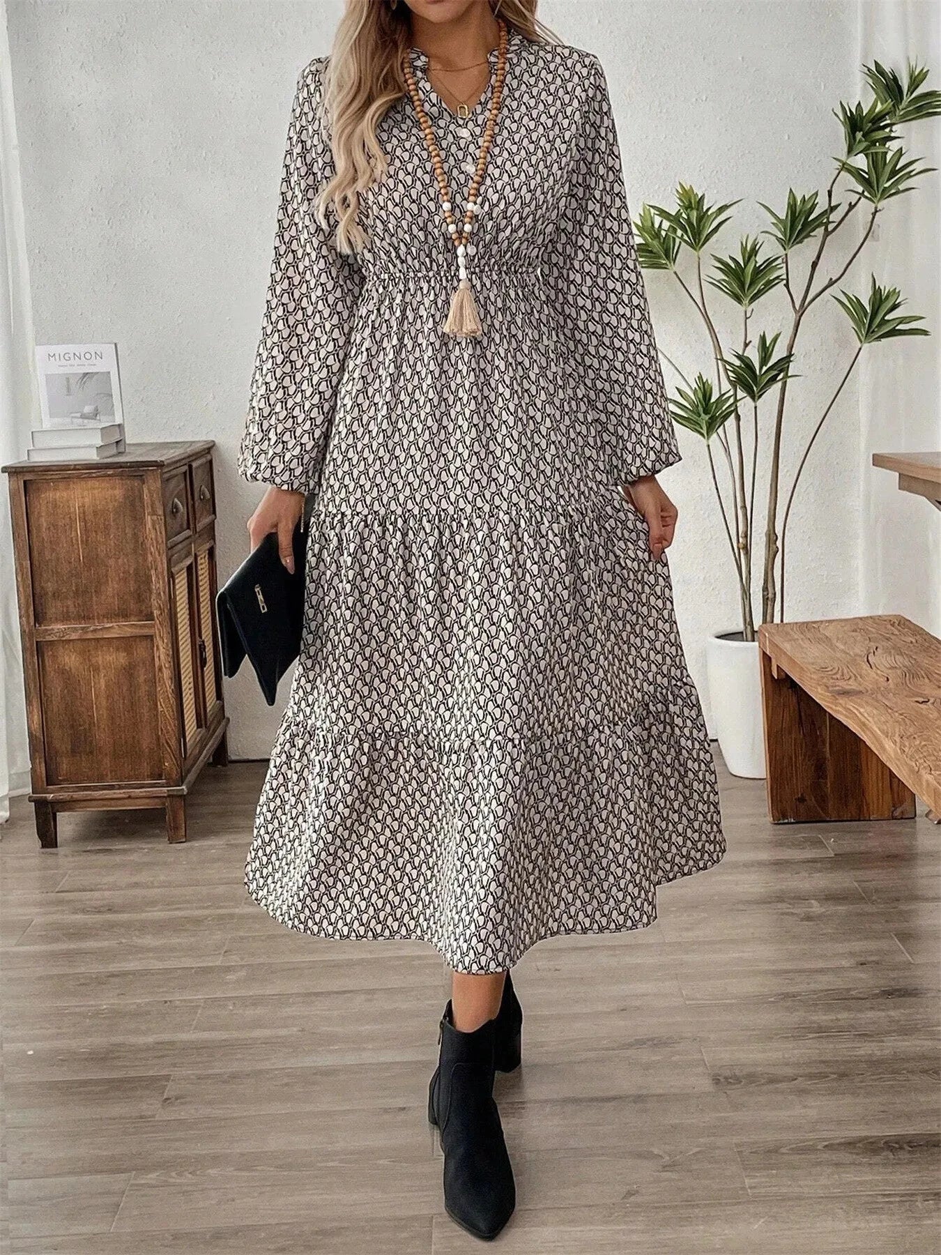Tiered Printed Notched Long Sleeve Dress