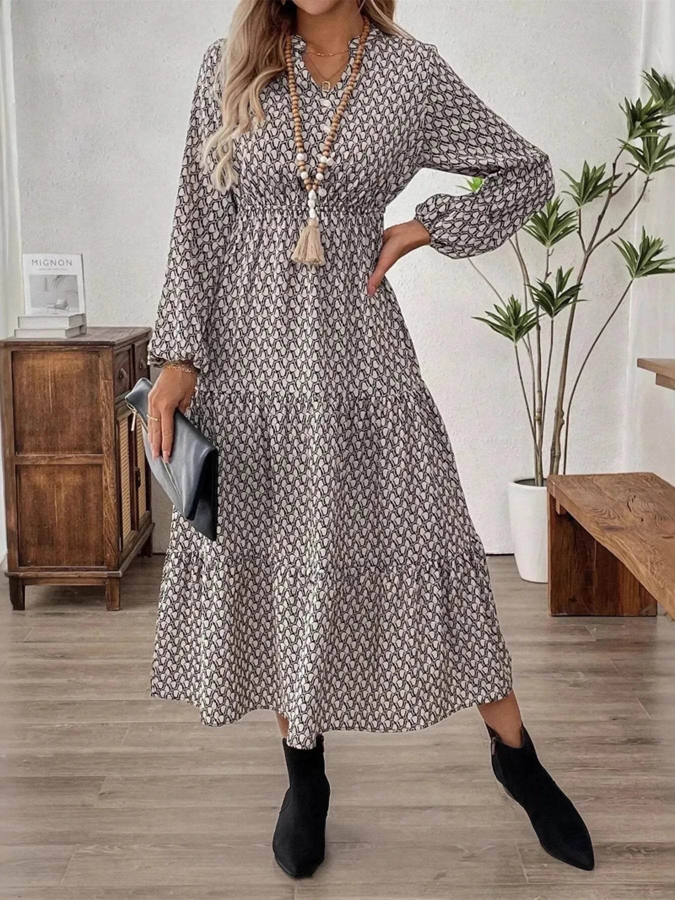 Tiered Printed Notched Long Sleeve Dress