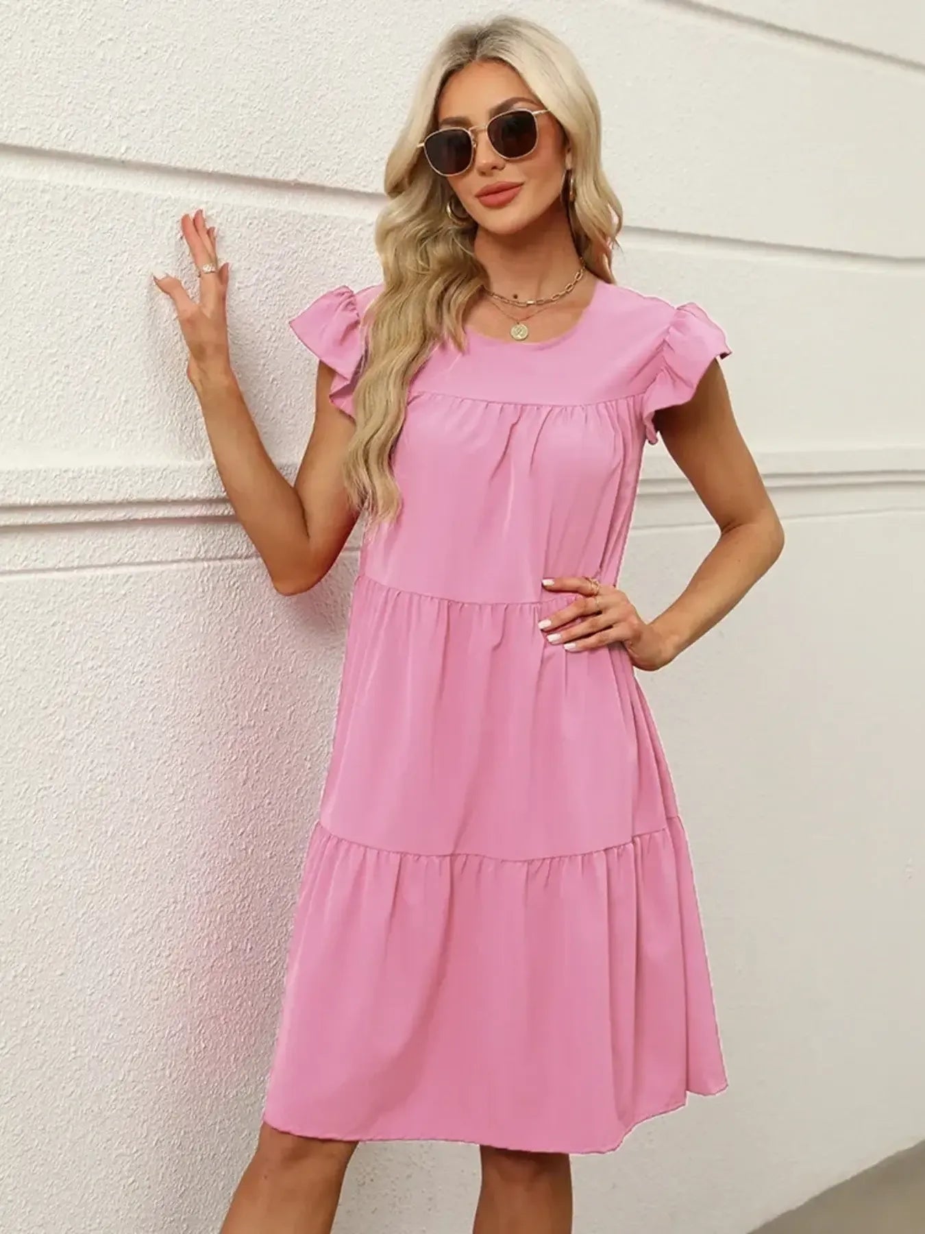 Tiered Ruffle Sleeve Mini Dress Pink / S