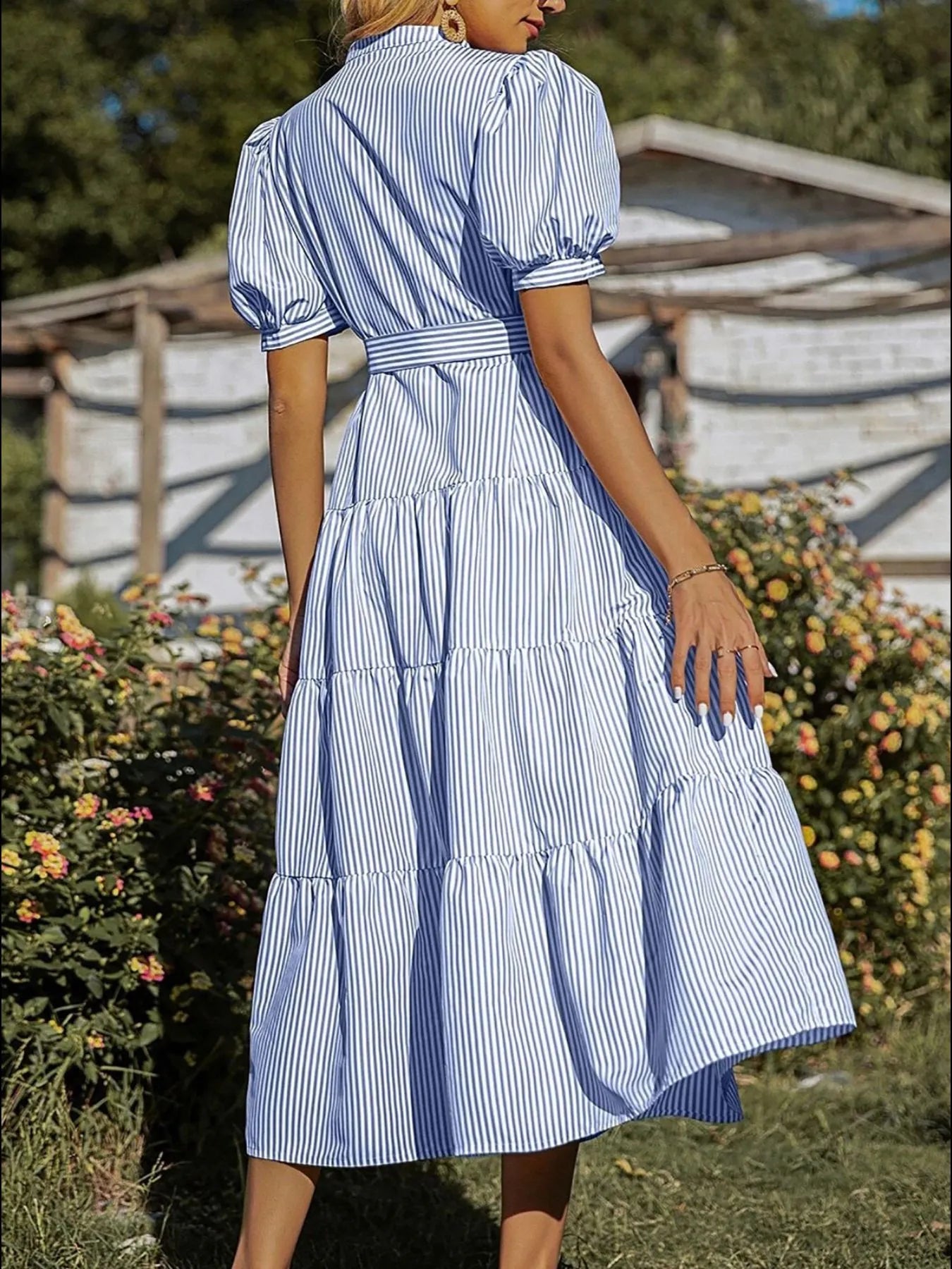 Tiered Striped Puff Sleeve Midi Dress
