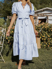 Tiered Striped Puff Sleeve Midi Dress