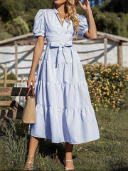 Tiered Striped Puff Sleeve Midi Dress