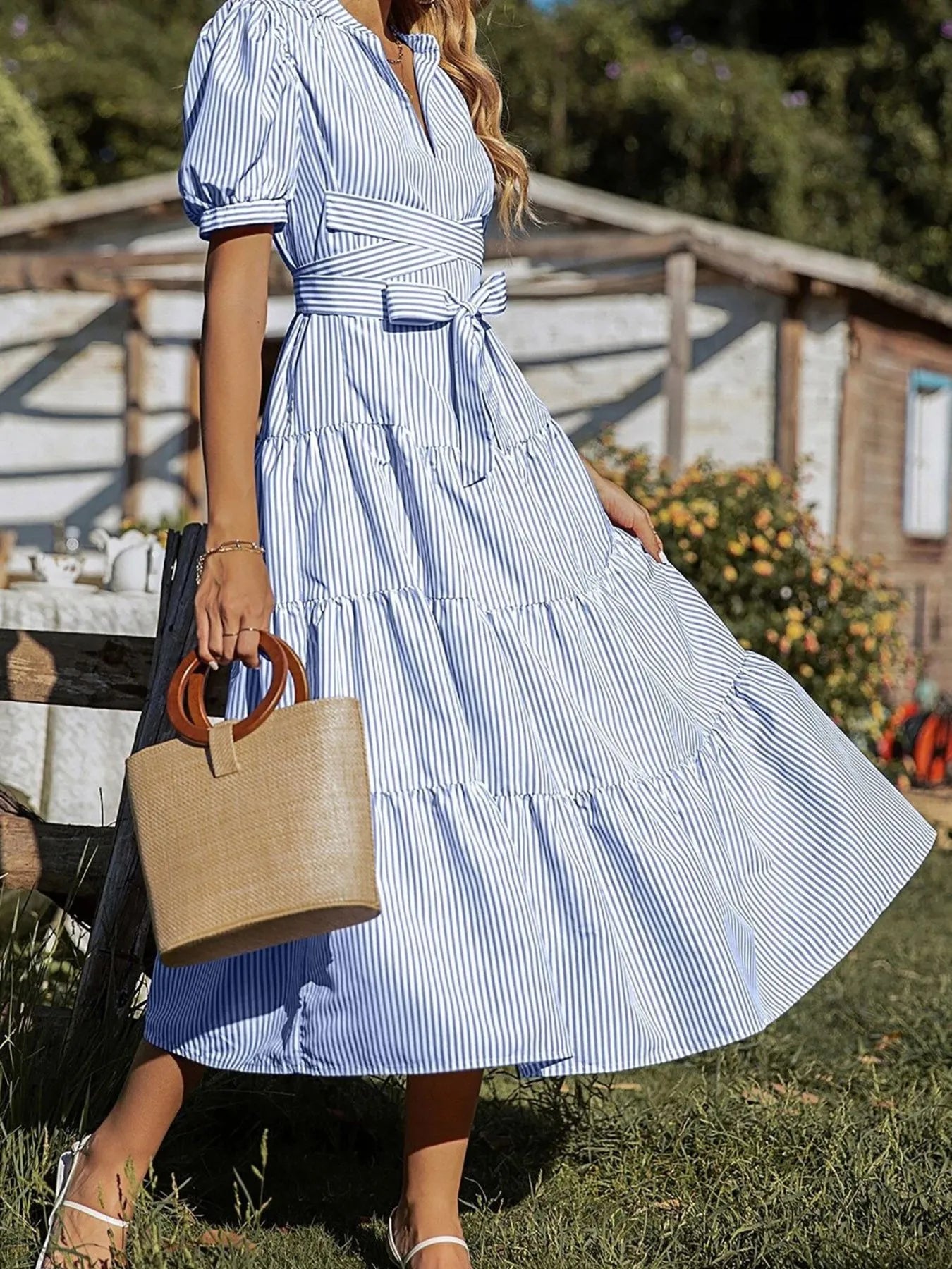 Tiered Striped Puff Sleeve Midi Dress