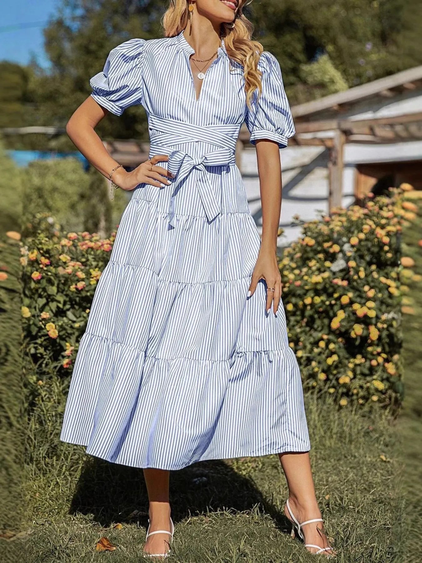 Tiered Striped Puff Sleeve Midi Dress Blue / S