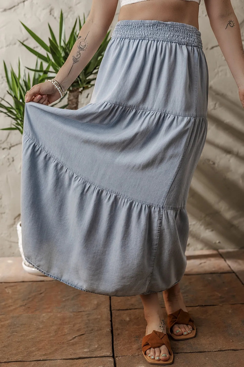 Tiered Wash Denim Maxi Skirt with Elastic Waist