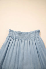 Tiered Wash Denim Maxi Skirt with Elastic Waist