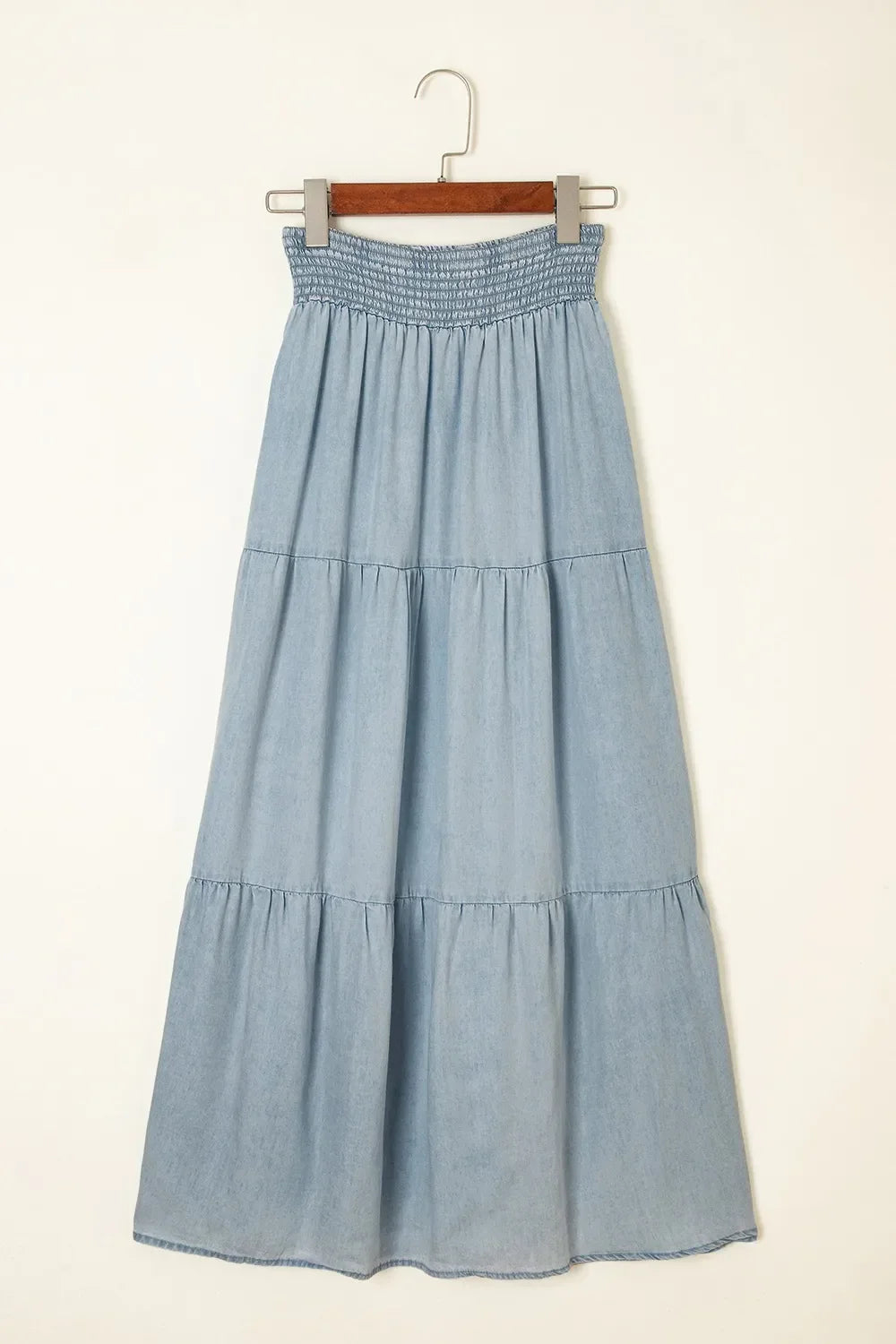 Tiered Wash Denim Maxi Skirt with Elastic Waist
