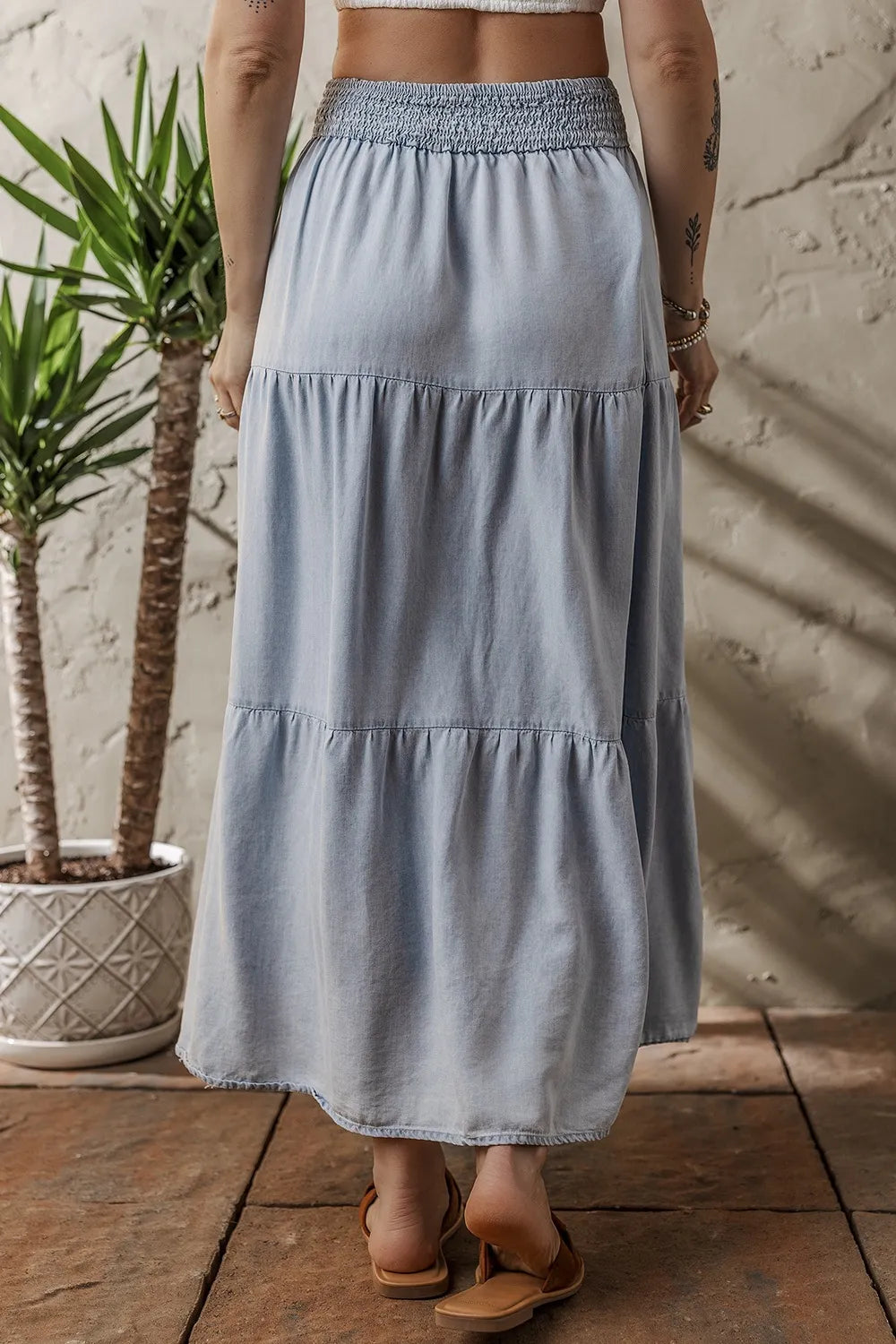 Tiered Wash Denim Maxi Skirt with Elastic Waist