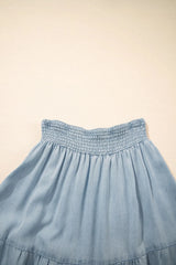 Tiered Wash Denim Maxi Skirt with Elastic Waist