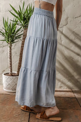 Tiered Wash Denim Maxi Skirt with Elastic Waist