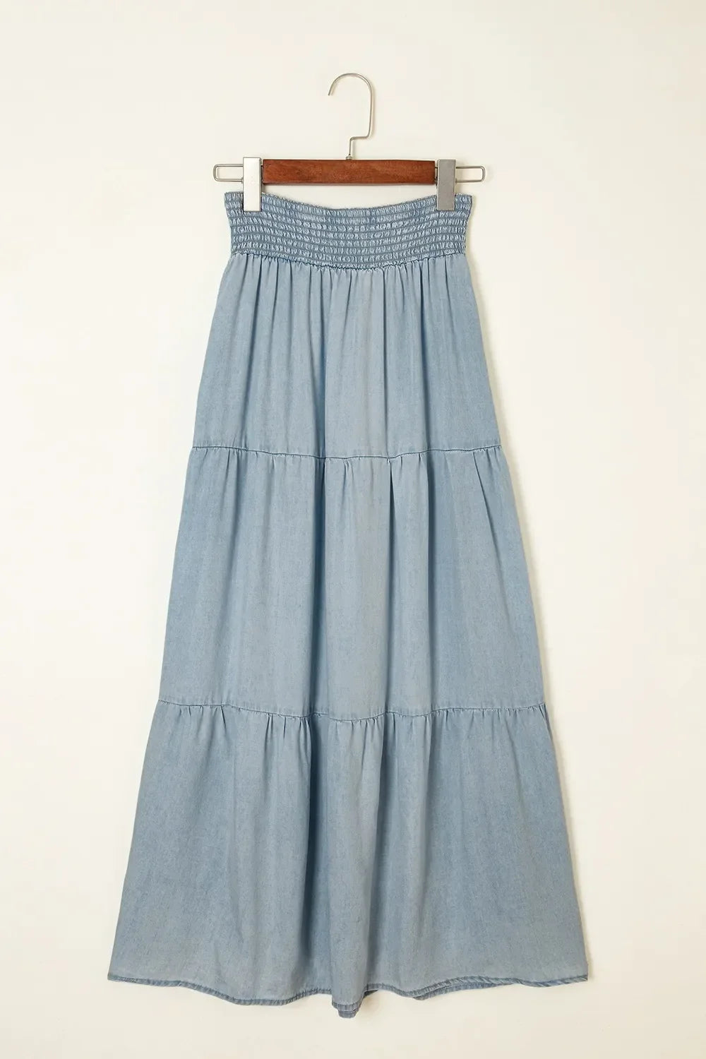Tiered Wash Denim Maxi Skirt with Elastic Waist
