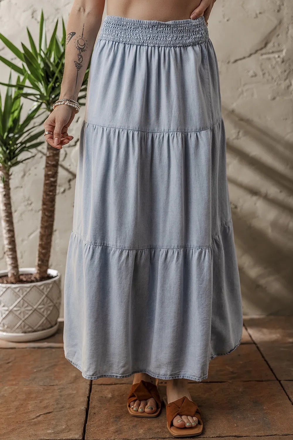 Tiered Wash Denim Maxi Skirt with Elastic Waist Light Blue / S