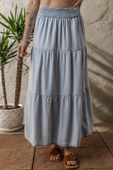 Tiered Wash Denim Maxi Skirt with Elastic Waist Light Blue / S