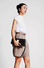 Timekeeper Black Leather Baguette Shoulder Bag with Unique Clock Face Clasp