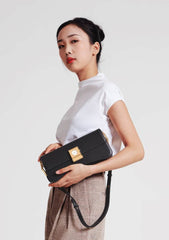 Timekeeper Black Leather Baguette Shoulder Bag with Unique Clock Face Clasp