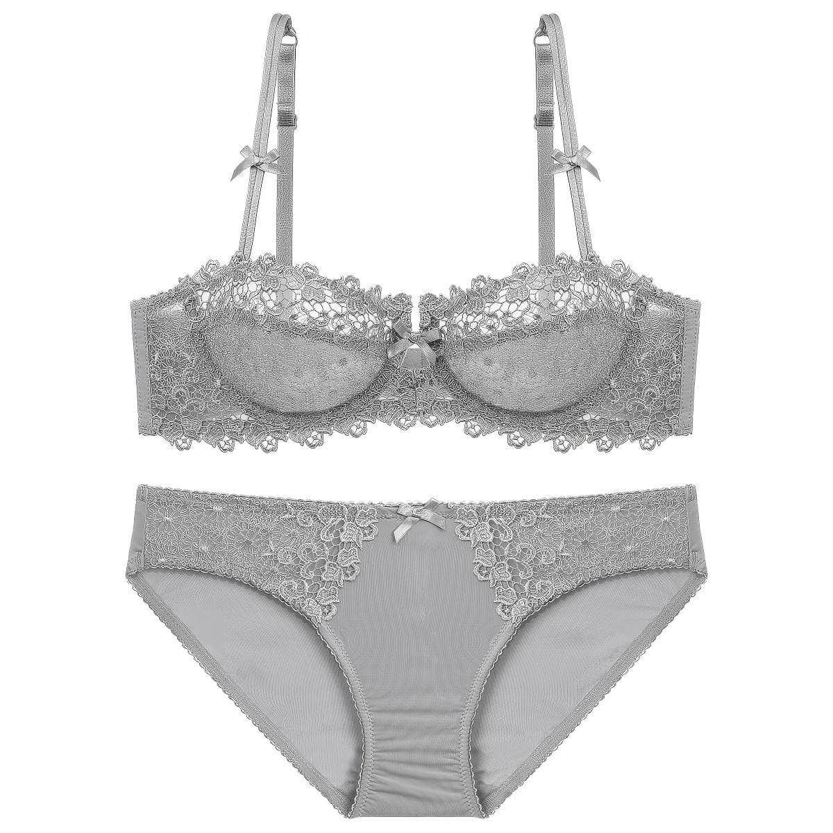 Trimmed Floral Embroidered Double Strap Bra Panty Set 80D / Gray