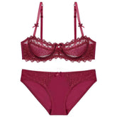 Trimmed Floral Embroidered Double Strap Bra Panty Set 80D / Maroon