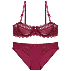 Trimmed Floral Embroidered Double Strap Bra Panty Set 80D / Maroon