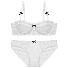 Trimmed Floral Embroidered Double Strap Bra Panty Set 80D / White