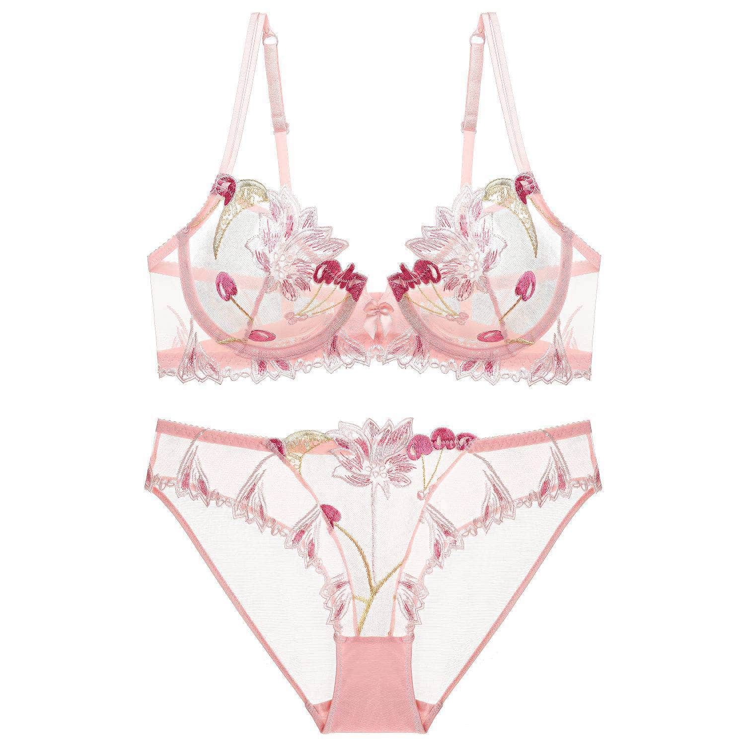Trimmed Lace Cherry Double Strap Bra Panty Set 80C / Pink