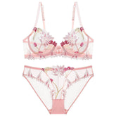 Trimmed Lace Cherry Double Strap Bra Panty Set 80C / Pink