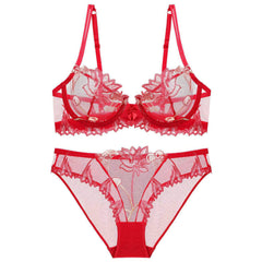Trimmed Lace Cherry Double Strap Bra Panty Set 80C / Red
