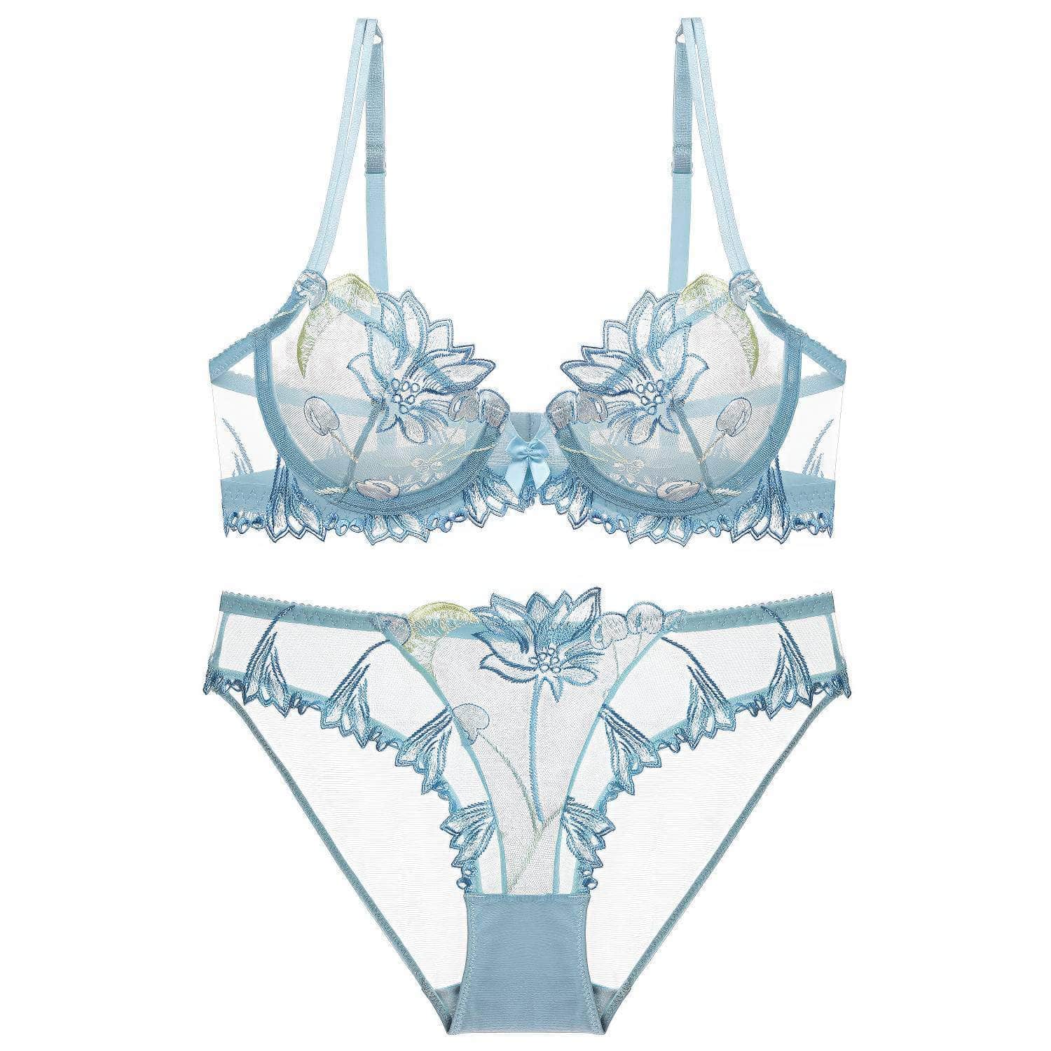 Trimmed Lace Cherry Double Strap Bra Panty Set 80C / Blue