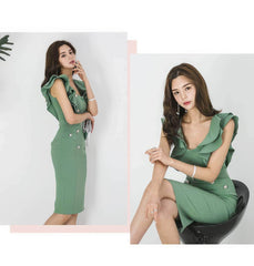 Trimmed Ruffled Sleeves Buttoned Slimfit Dress