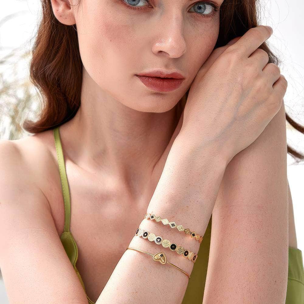 Triple Bohemian Geometric Heart-Shaped Cuff Bracelet Gold