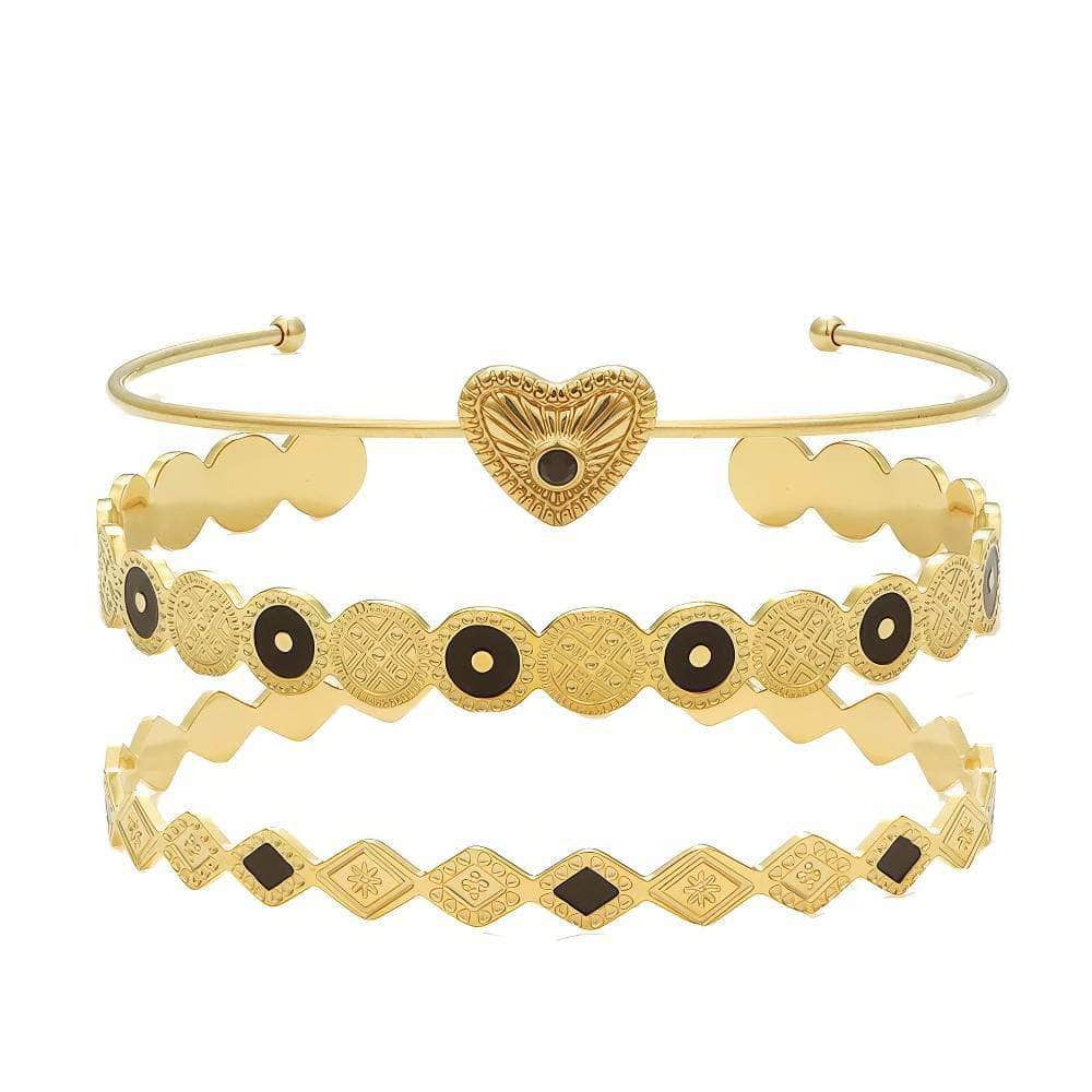 Triple Bohemian Geometric Heart-Shaped Cuff Bracelet Gold