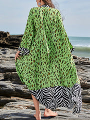 Tropical Leopard Print Kimono Beach Cover-Up Green Leopard Print / One Size