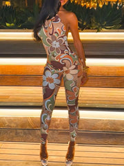 Tropical Print Halter Neck Bodycon Jumpsuit