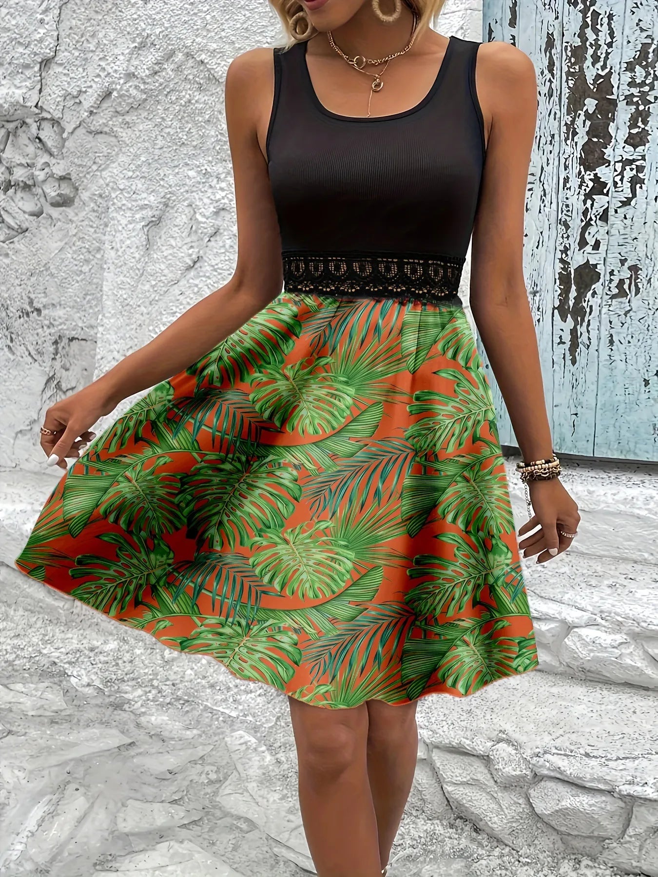 Tropical Print Sleeveless Summer Dress with Lace Waist Detail