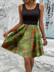 Tropical Print Sleeveless Summer Dress with Lace Waist Detail