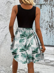 Tropical Print Sleeveless Summer Dress with Lace Waist Detail