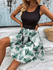 Tropical Print Sleeveless Summer Dress with Lace Waist Detail
