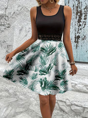 Tropical Print Sleeveless Summer Dress with Lace Waist Detail
