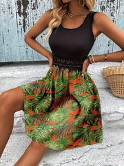 Tropical Print Sleeveless Summer Dress with Lace Waist Detail Orange / S