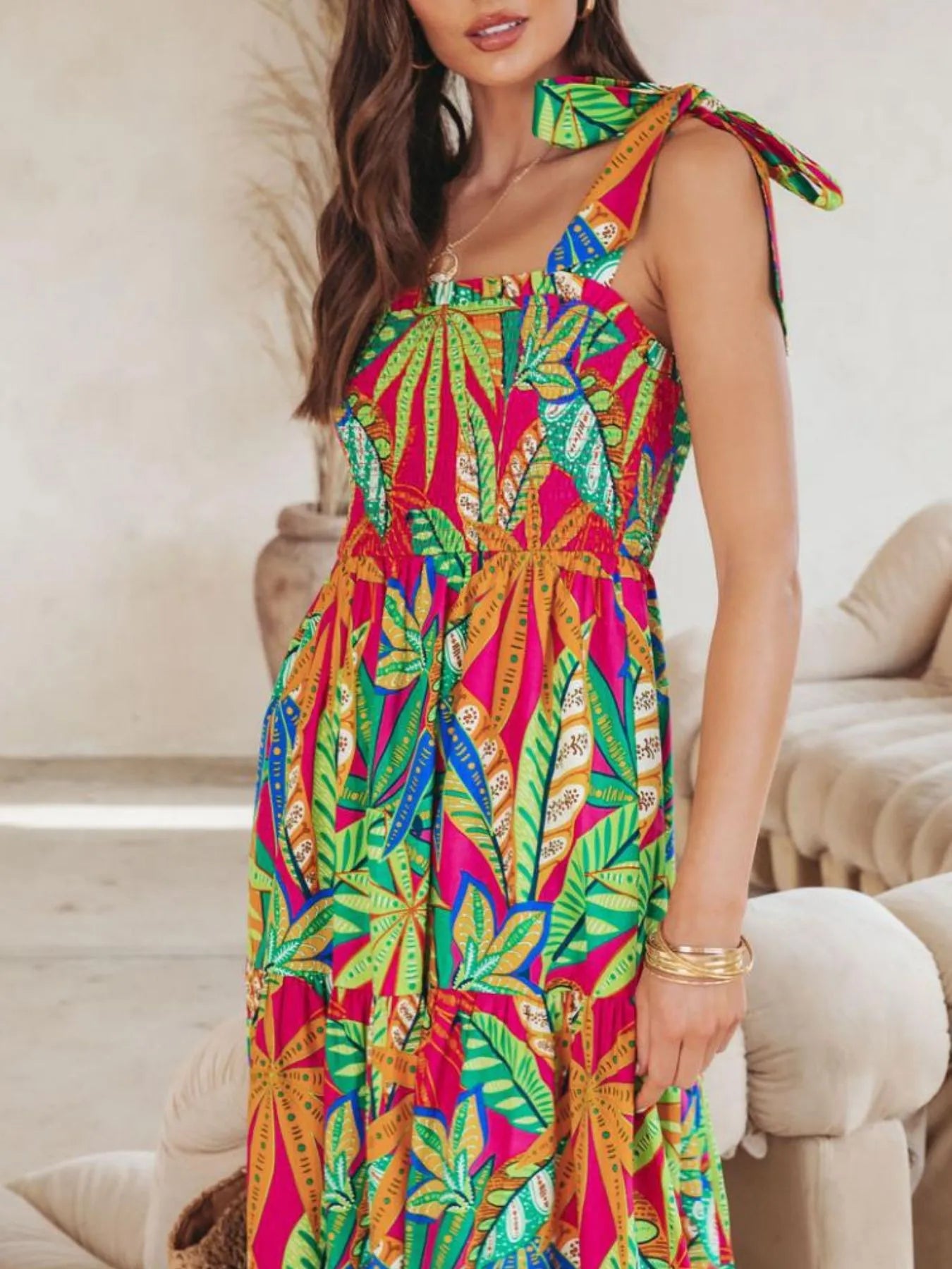 Tropical Print Tie Shoulder Maxi Dress