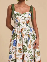 Tropical Print Tie-Shoulder Sweetheart Neck Midi Dress Green / S