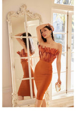 Tube Feather Bandage Midi Dress XS / Chocolate