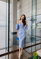 Tube Pleated Off-Shoulder Puff Sleeve Dress S / Blue