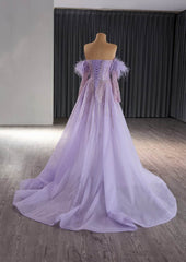 Tulle Overskirt Sequined Off-the-Shoulder Feather-Accented Dress - W3V6K