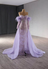 Tulle Overskirt Sequined Off-the-Shoulder Feather-Accented Dress - W3V6K