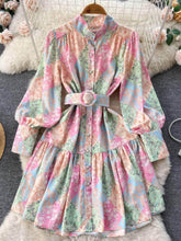 Turtle Neck Lantern Sleeves Floral Print Skater Dress S / Pink