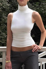 Turtleneck Cropped Backless Tank Top White / S