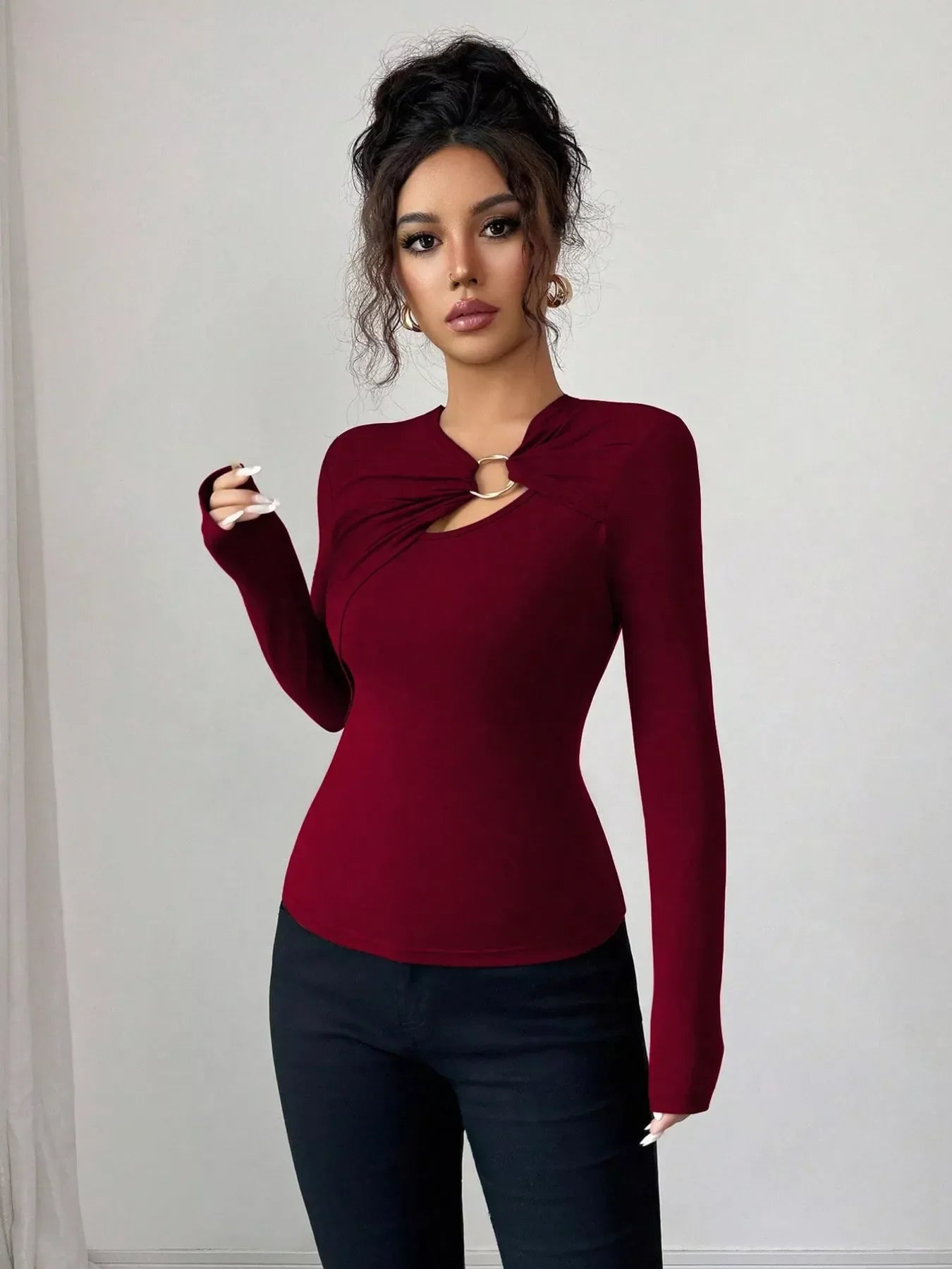 Twist Front Ring Detail Long Sleeve T-Shirt