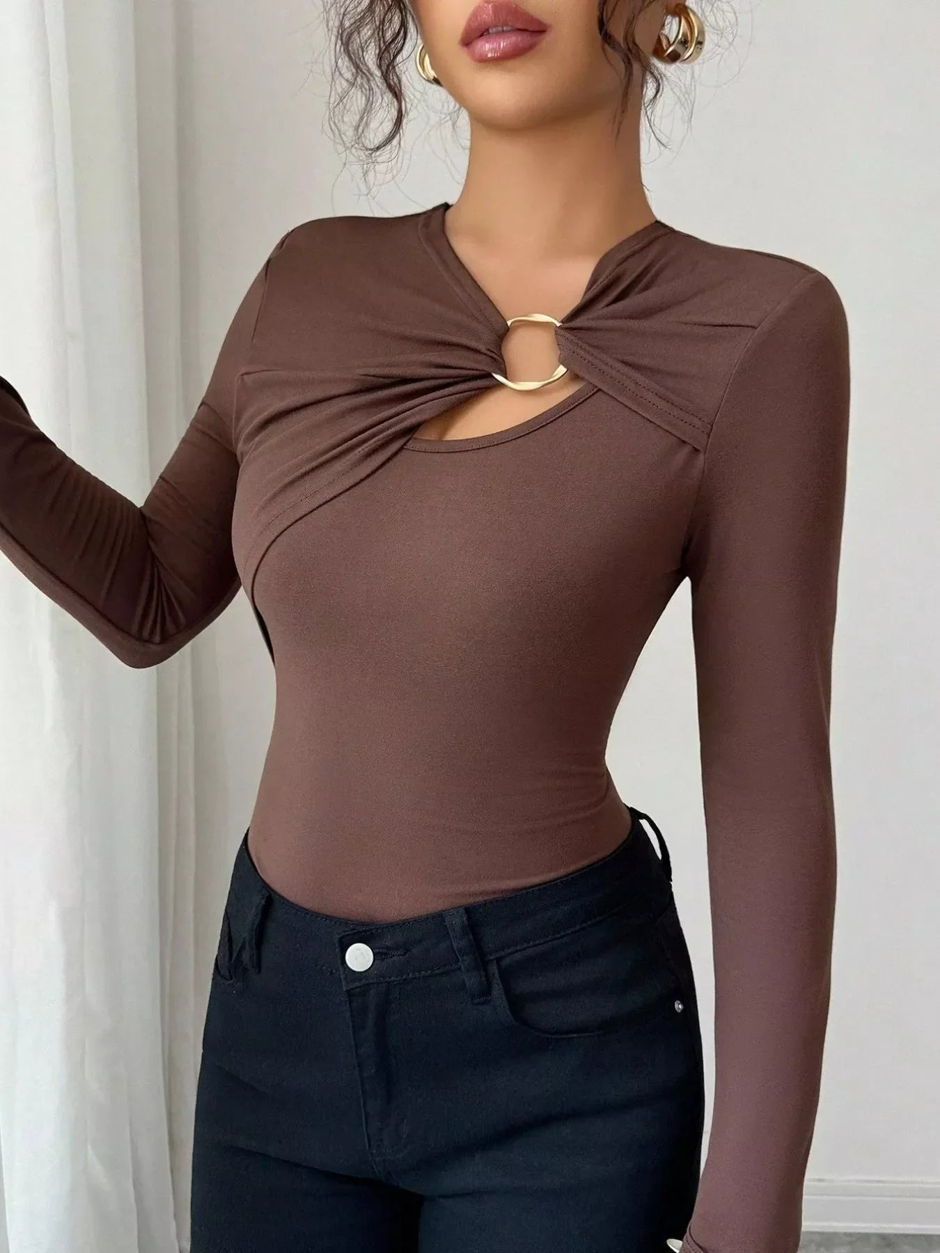 Twist Front Ring Detail Long Sleeve T-Shirt