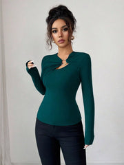 Twist Front Ring Detail Long Sleeve T-Shirt Teal / S