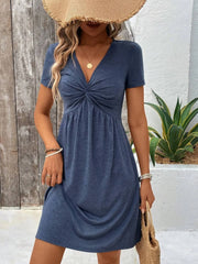 Twist Front V-Neck Short Sleeve Casual Dress Navy / S